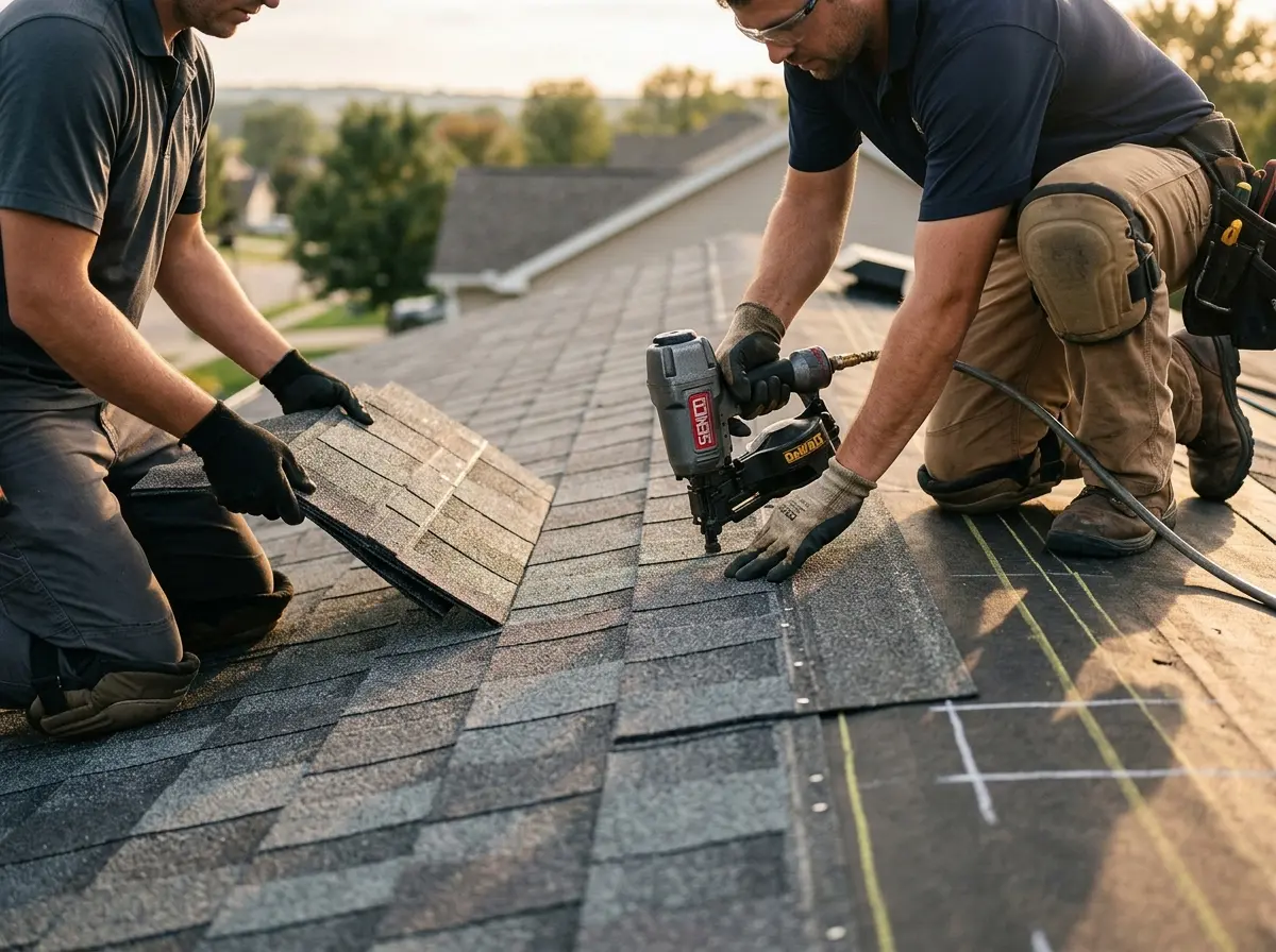 Professional roofer working on a residential roof in Northborough